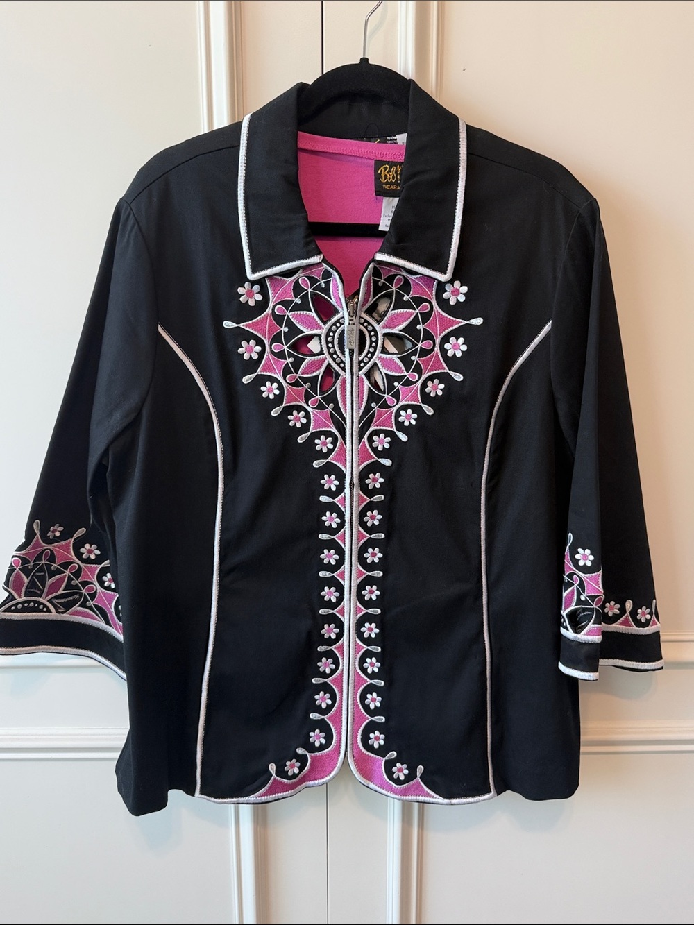 Black & Pink Embroidered Button-Front Womens Jacket with Pink